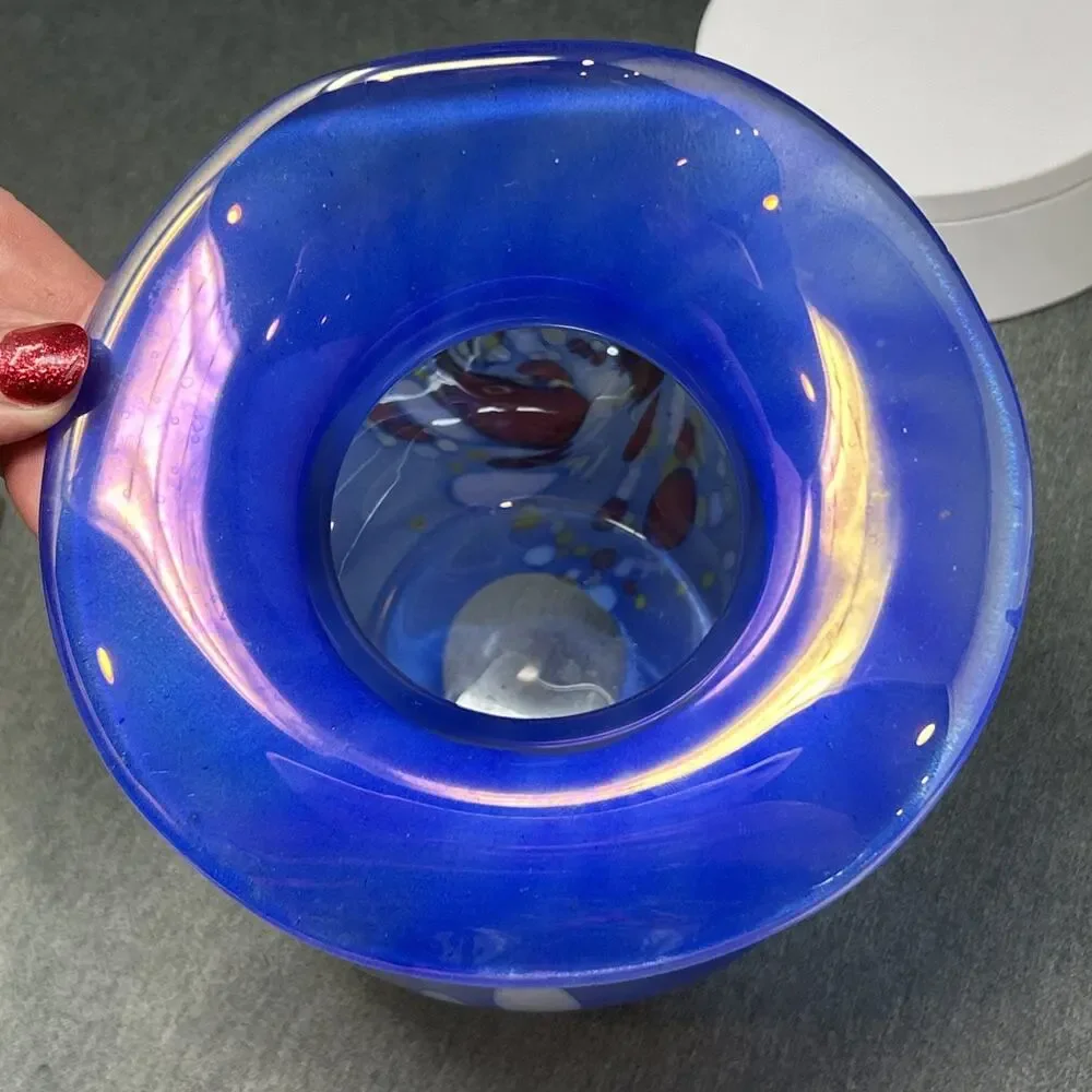 Von Poschinger Germany Blue Iridescent Art Glass Vase Confetti Flared Rim READ